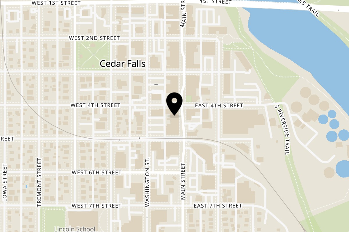 Map showing the location of Tony's La Pizzeria on 407 Main St in Cedar Falls